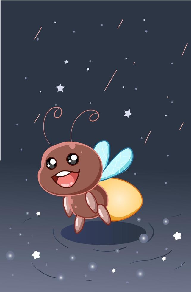 cute and happy firefly in the night sky cartoon illustration vector