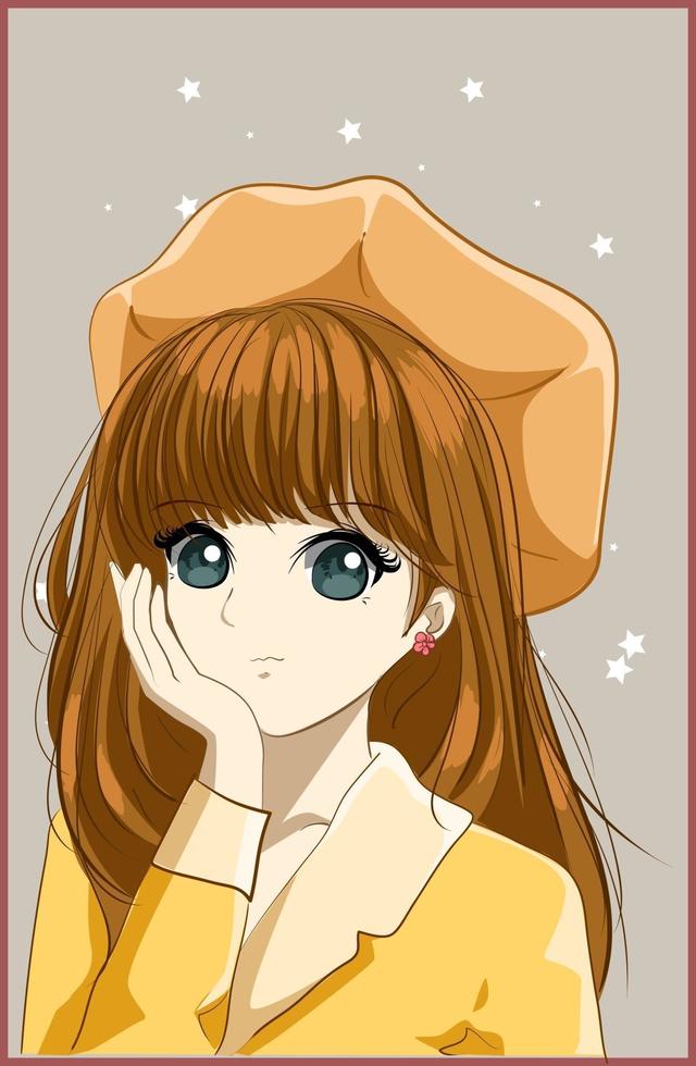 hermosa y guapa chica con cabello largo castaño con sombrero amarillo vector