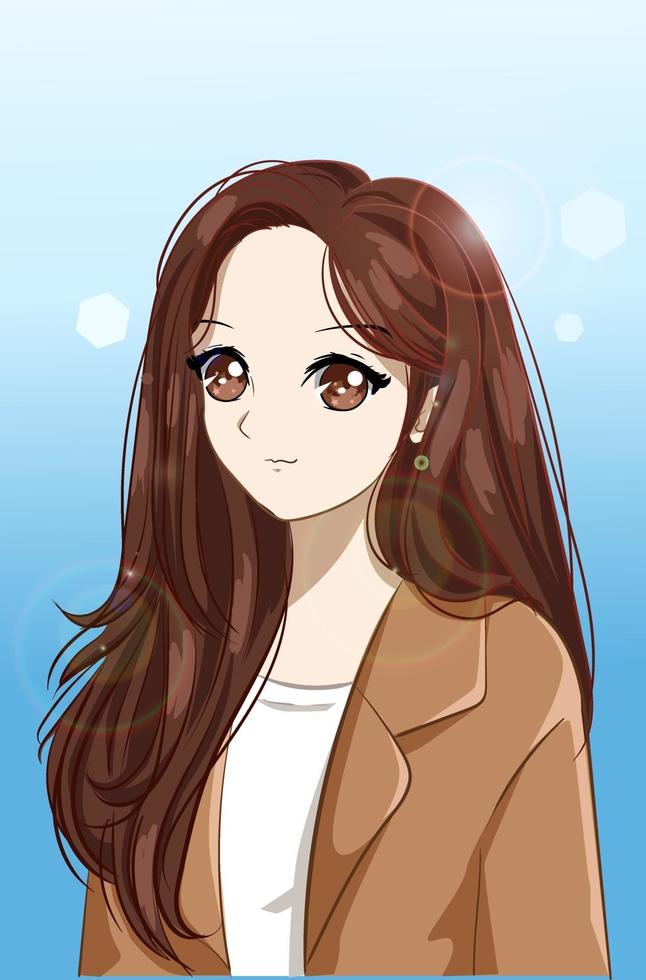 beautiful and happy girl with long hair and suit cartoon copy vector