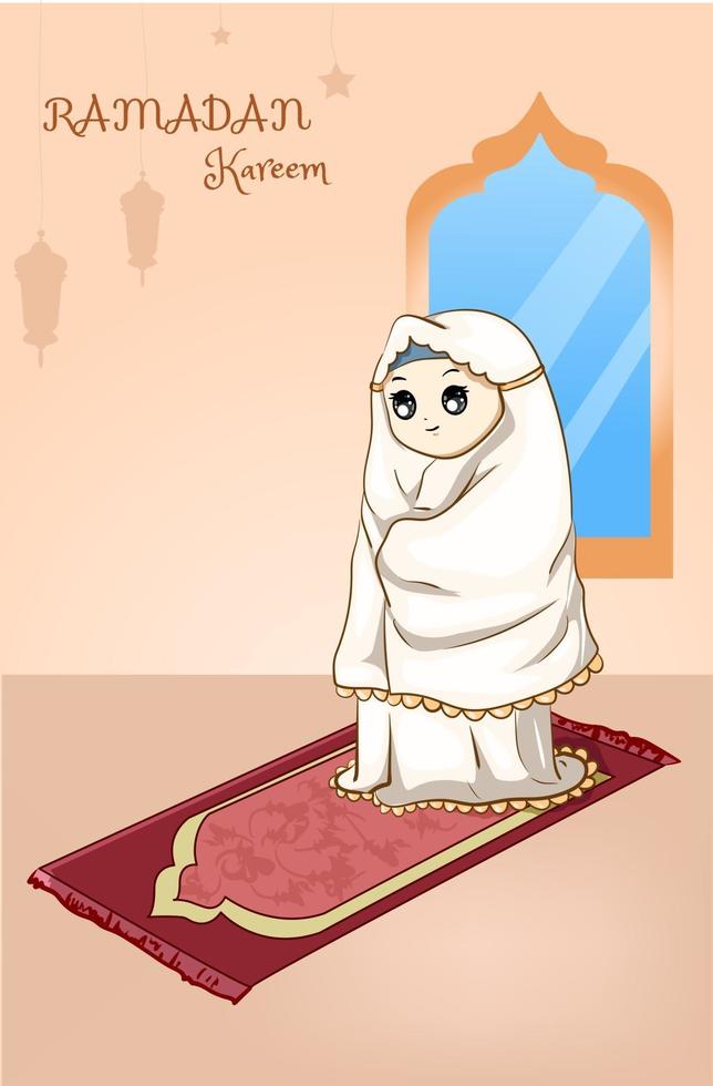 niña musulmana rezando en la noche ramadan kareem ilustración de dibujos animados vector