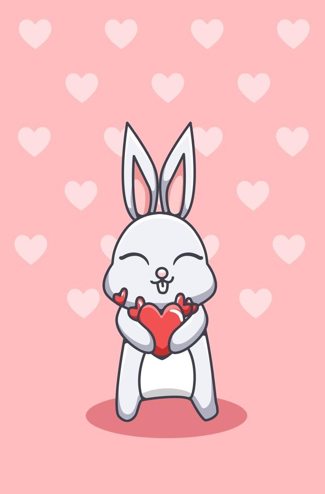 El conejo kawaii y feliz lleva un gran corazón, ilustración de dibujos animados de San Valentín vector