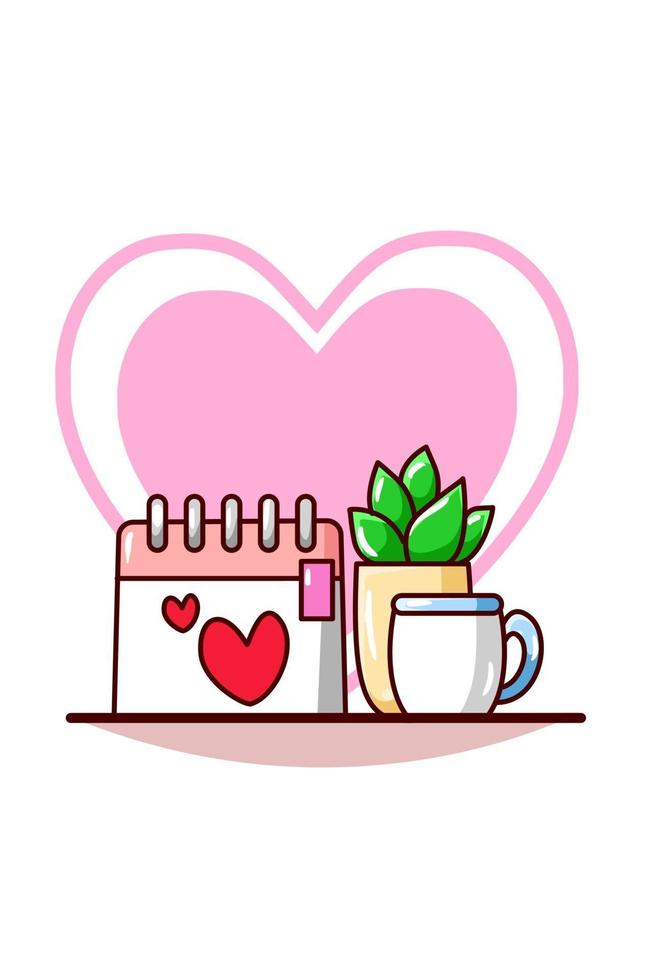 calendario del día de san valentín con una taza de café ilustración de dibujos animados vector