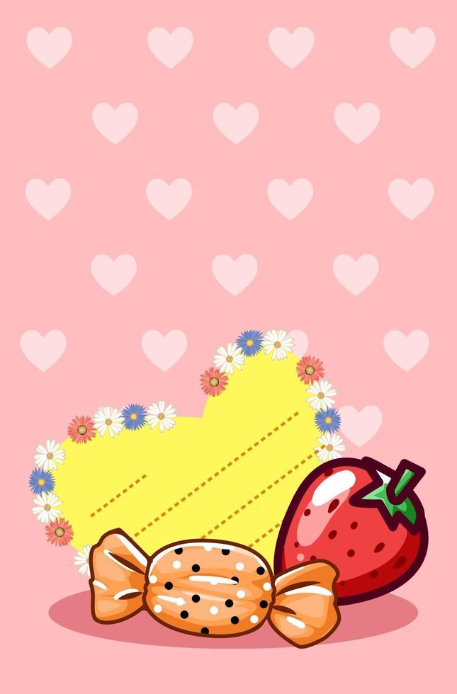 Valentine's greeting card with strawberry and candy cartoon illustration vector