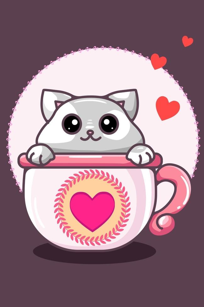 Kawaii cat en la taza en la ilustración de dibujos animados del día de san valentín vector