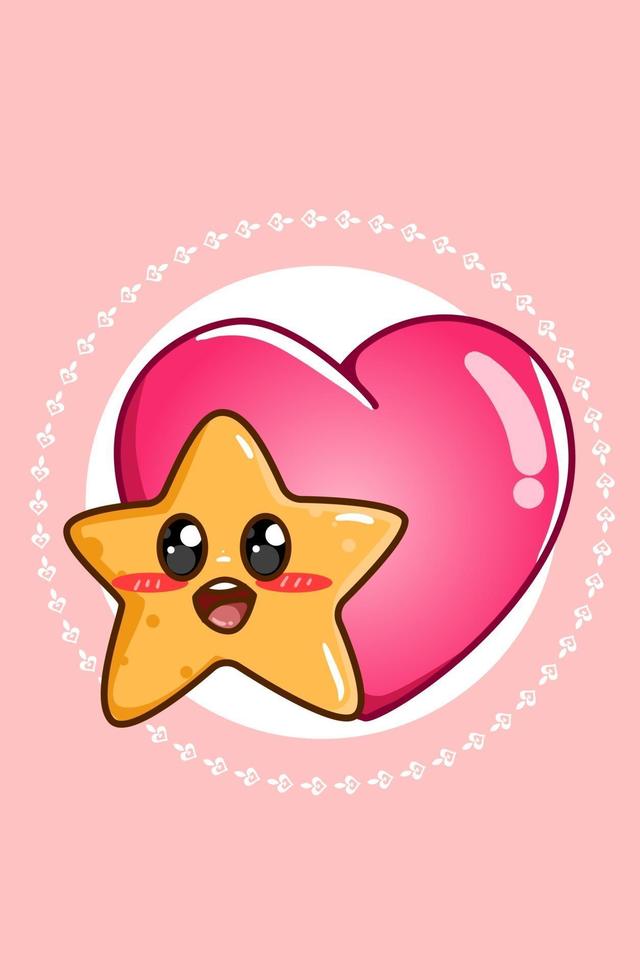 Kawaii y estrella feliz con gran corazón ilustración de dibujos animados de San Valentín vector