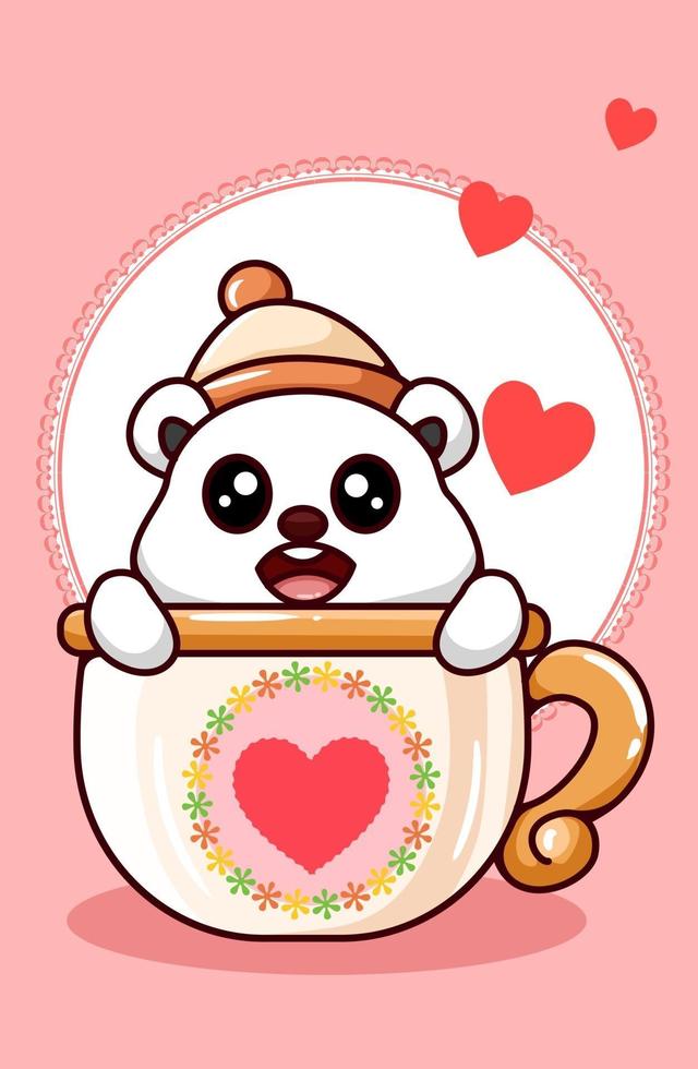 oso polar kawaii con gorro en la taza en la ilustración de dibujos animados del día de san valentín vector