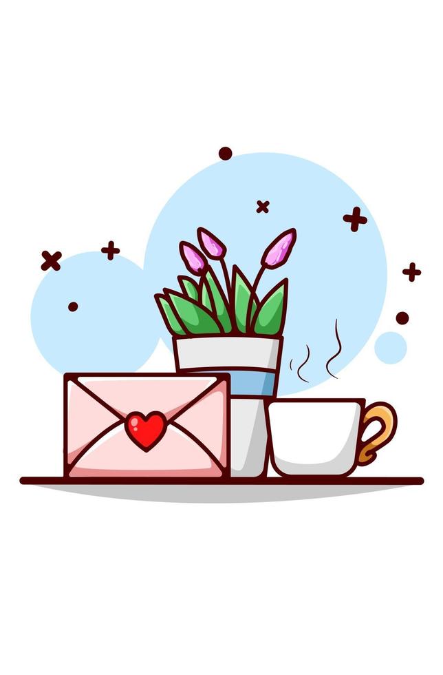 Love letter, ornamental plant and tea cartoon illustration vector