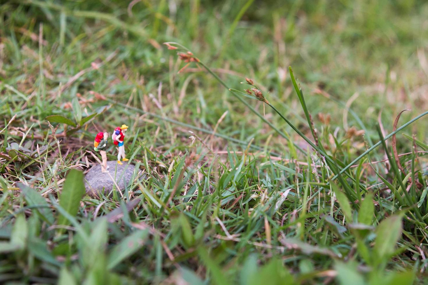 Miniature travelers with backpacks standing and walking in a meadow photo