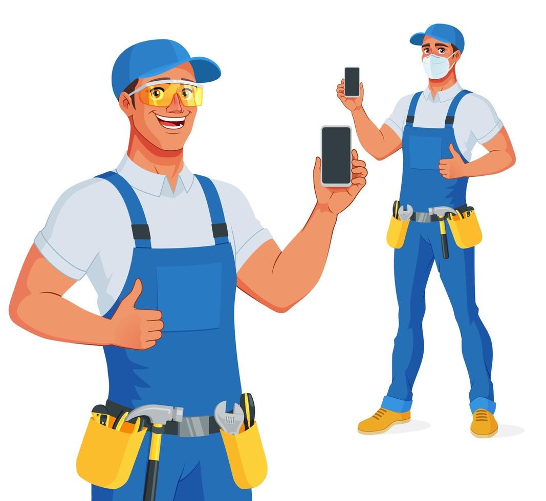 Handyman in bib overalls and protective eyeglasses showing smartphone screen and thumb up. Vector cartoon character isolated on white background.