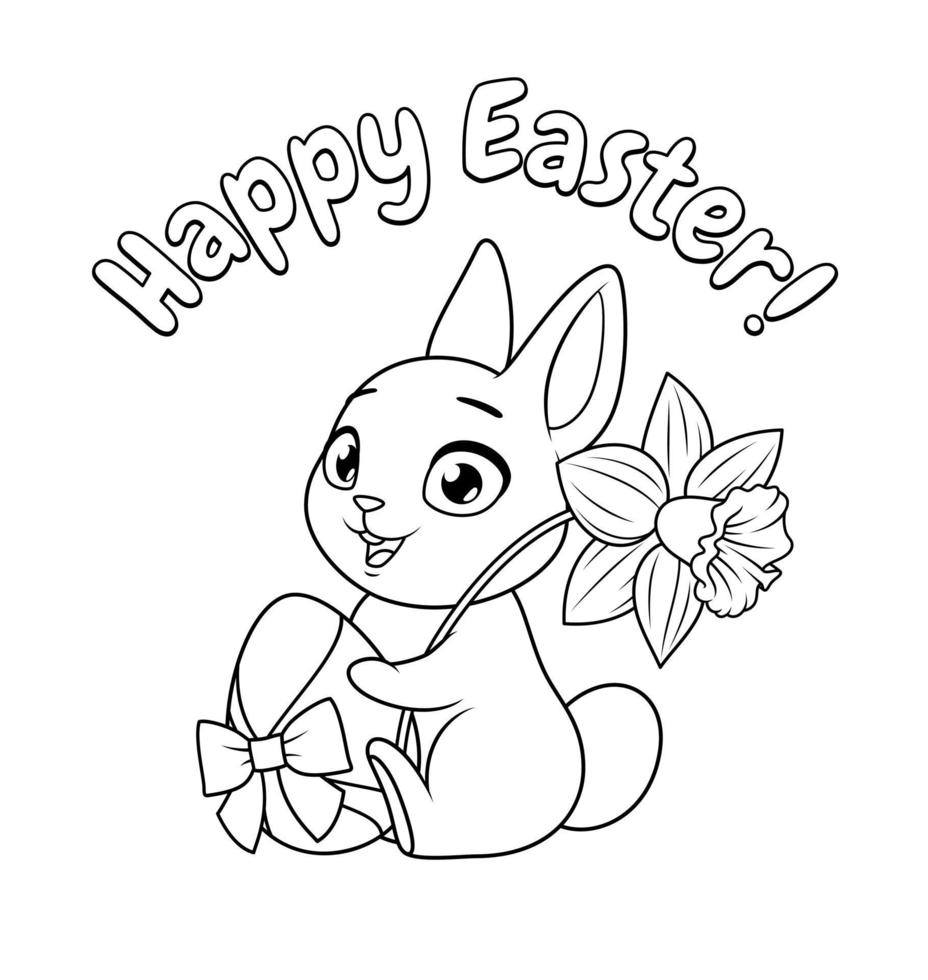 lindo conejito con huevo y flor de narciso. saludo de pascua feliz con la ilustración de dibujos animados vector blanco y negro para colorear página.
