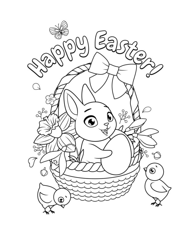 lindo conejito y pollitos con canasta llena de flores de primavera y huevos. saludo de pascua feliz con la página de libro para colorear en blanco y negro de vector de dibujos animados