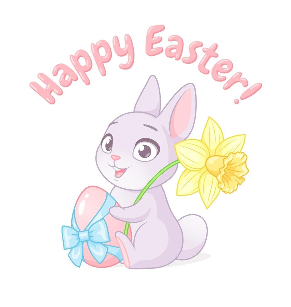 Cute little bunny holding egg and daffodil flower. Happy Easter greeting with cartoon vector illustration isolated on white background.