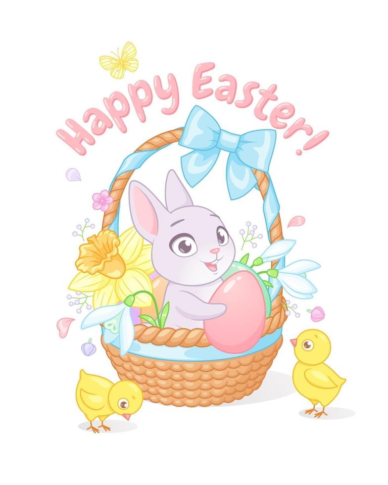 Cute little bunny and chicks with basket full of spring flowers and eggs. Happy Easter greeting with cartoon vector illustration on white background.