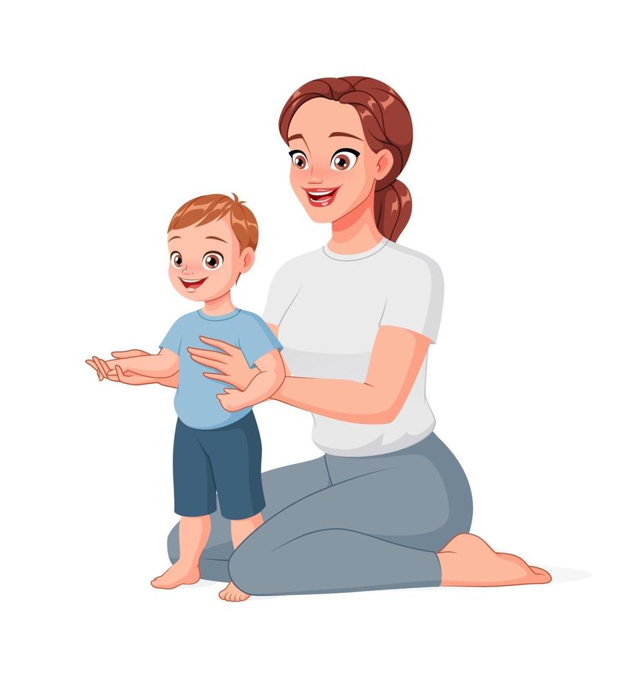 Mother helping her child to take first steps. Cartoon vector illustration.