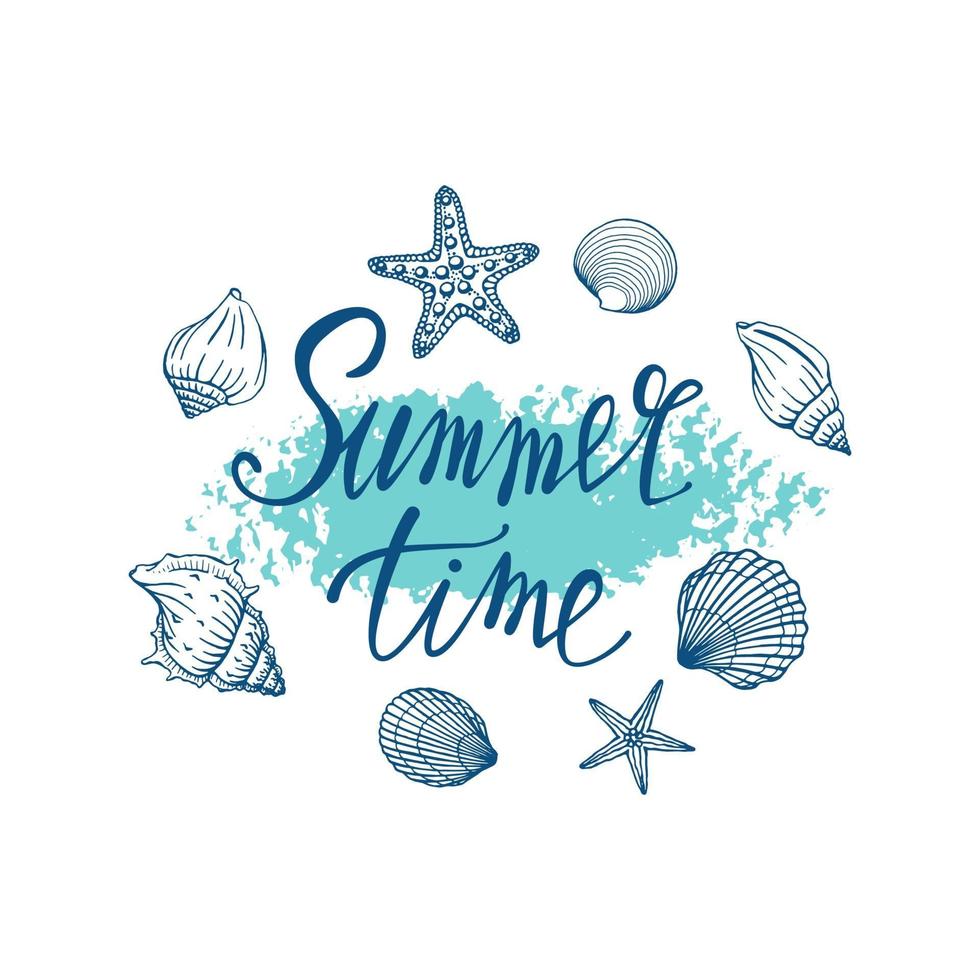 Seashells, summer, holidays, set of seashells and starfish, vector. Hand drawn sea shells and starfishes. Beautiful inscription in modern calligraphy. vector