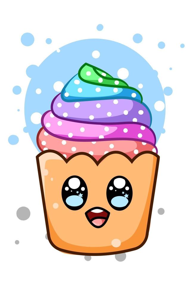 A cute and happy cupcake rainbow cartoon illustration vector