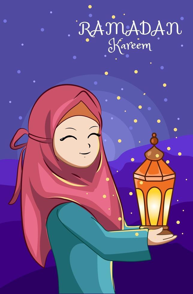 Beautiful girl with lantern at night ramadan kareem cartoon illustration vector