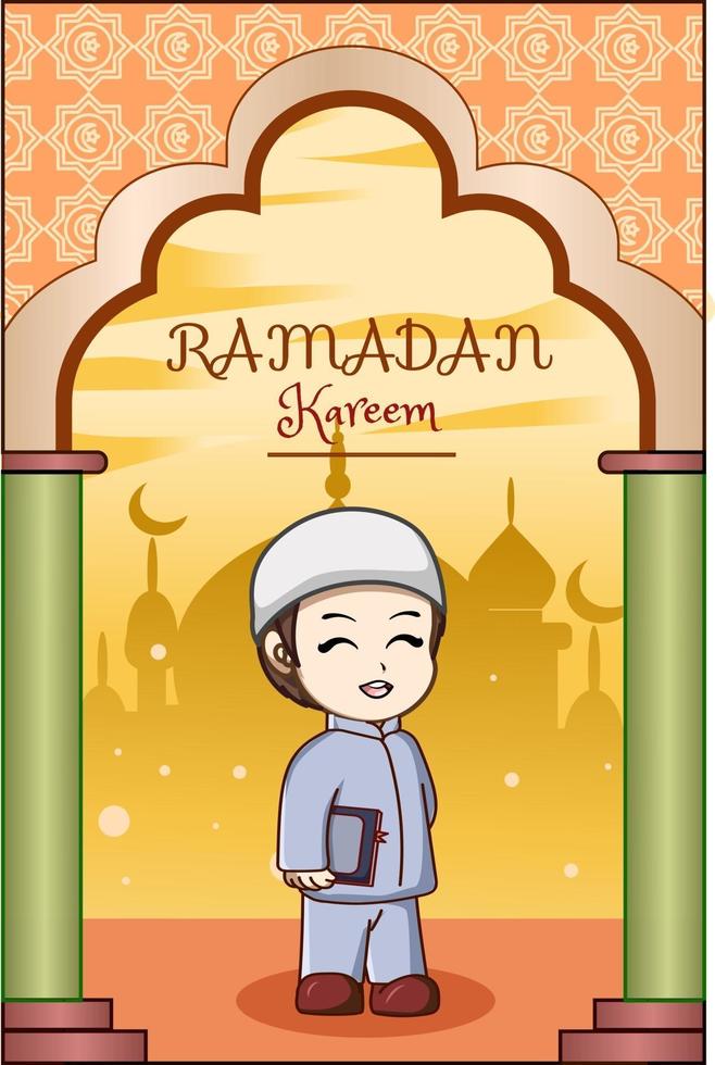 Little boy carrying book at ramadan kareem cartoon illustration vector