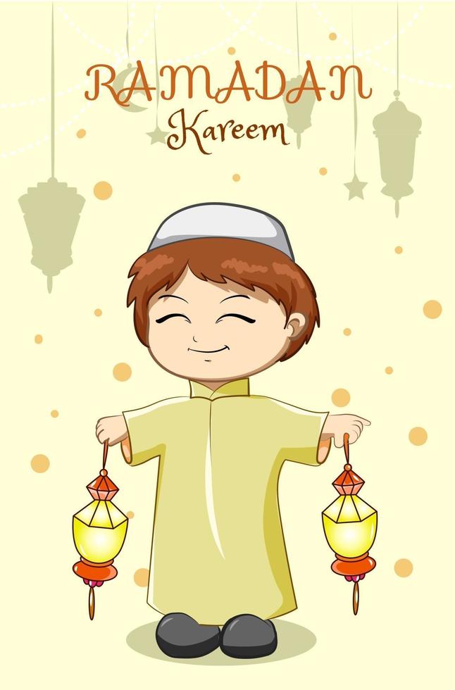 Little muslim boy celebrating ramadan kareem with lantern cartoon illustration vector