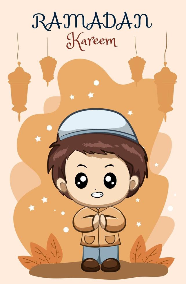 Little happy muslim boy at ramadan kareem cartoon illustration vector