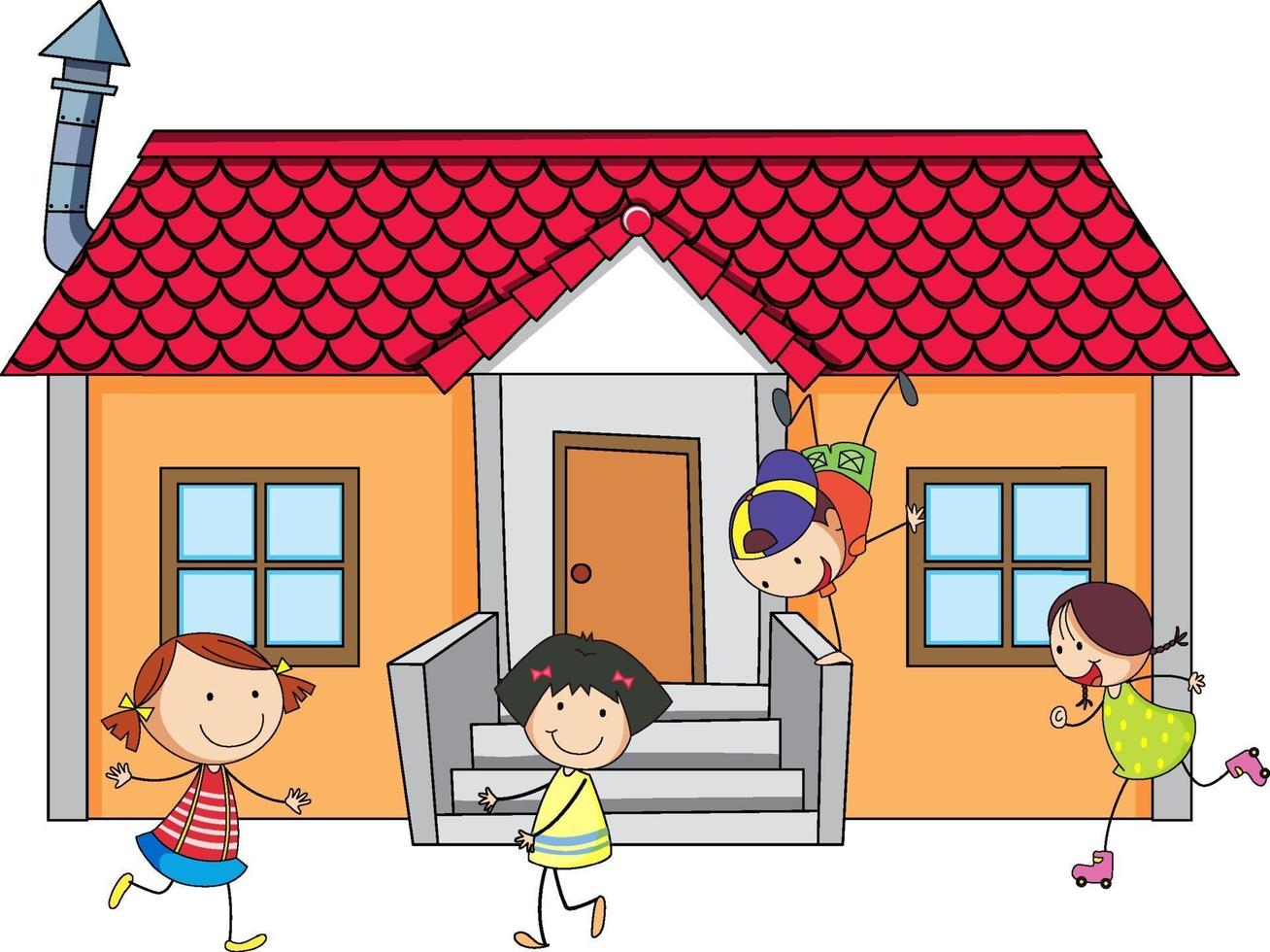 Front view of a house with many kids on white background vector