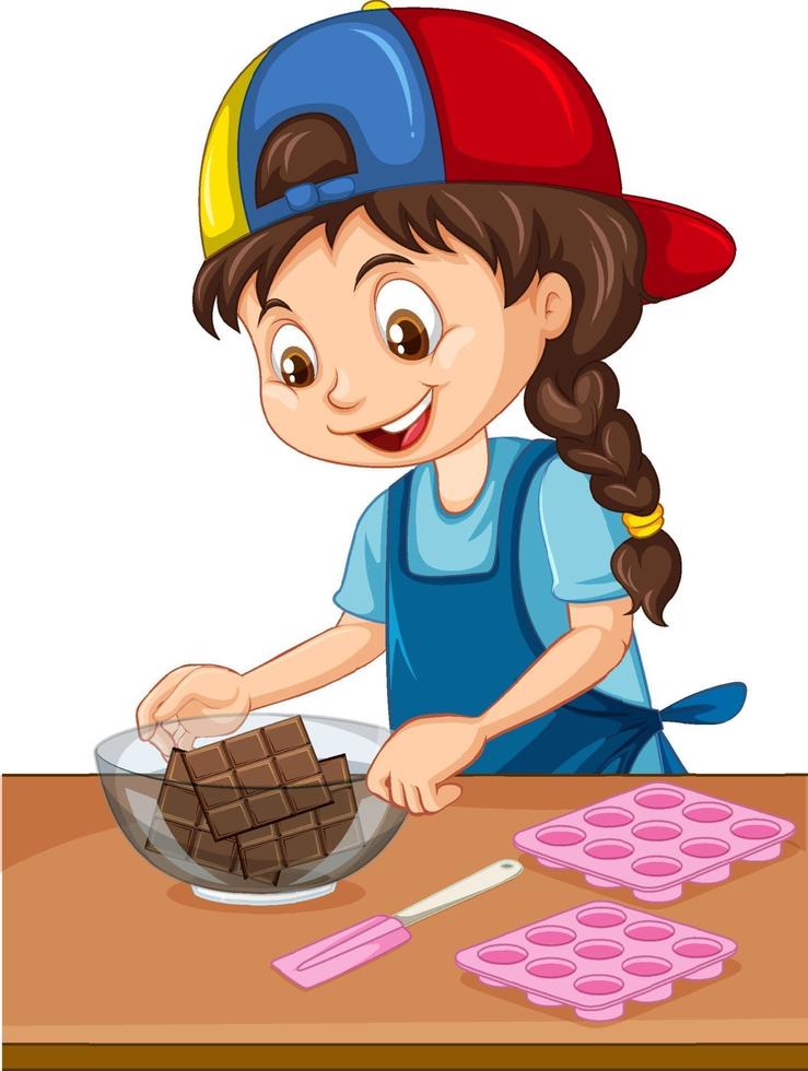 Chef girl with baking equipment on the table vector