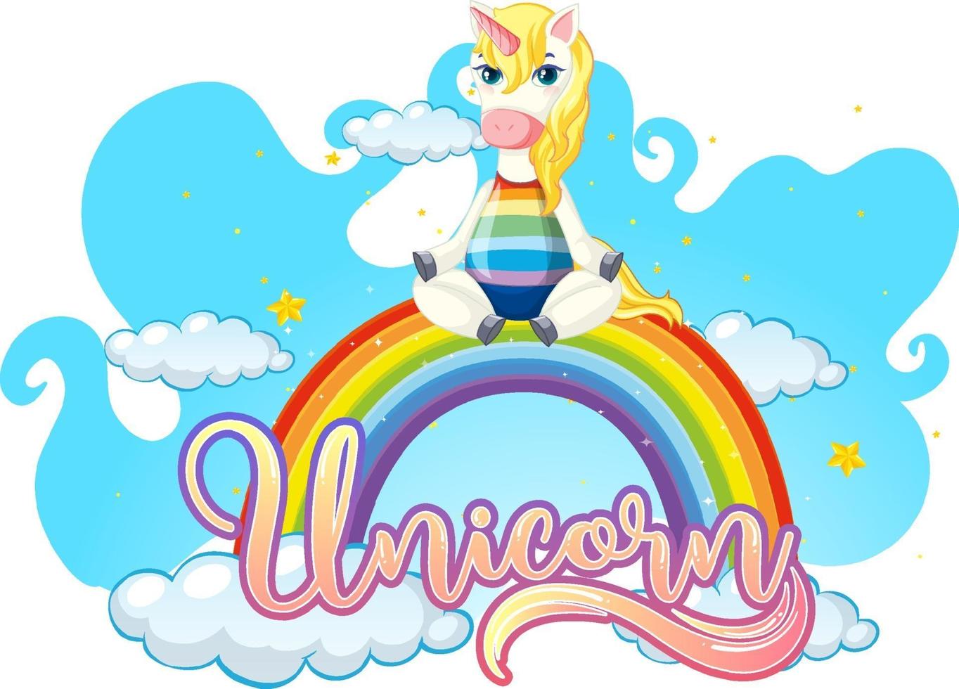 personaje de dibujos animados de unicornio de pie sobre un arco iris con fuente de unicornio vector