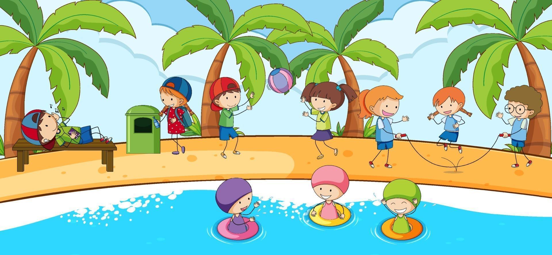 Escena de playa con muchos niños doodle personaje de dibujos animados vector