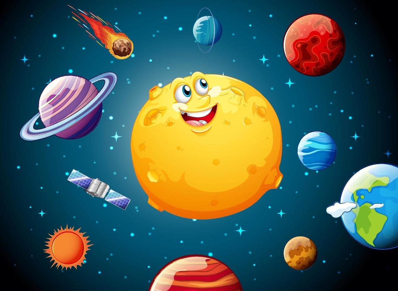 Moon with happy face on space galaxy theme background vector