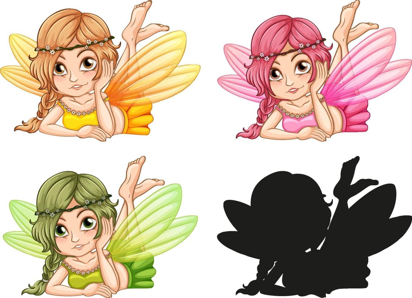 Set of cute pixies in different costume and its silhouette vector