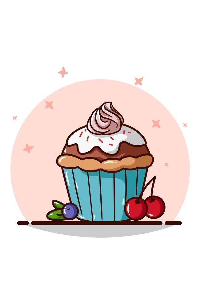 un cupcake con crema, cereza y arándano vector