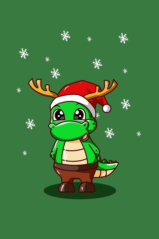 The dinosaur wearing a Christmas costume with green background vector