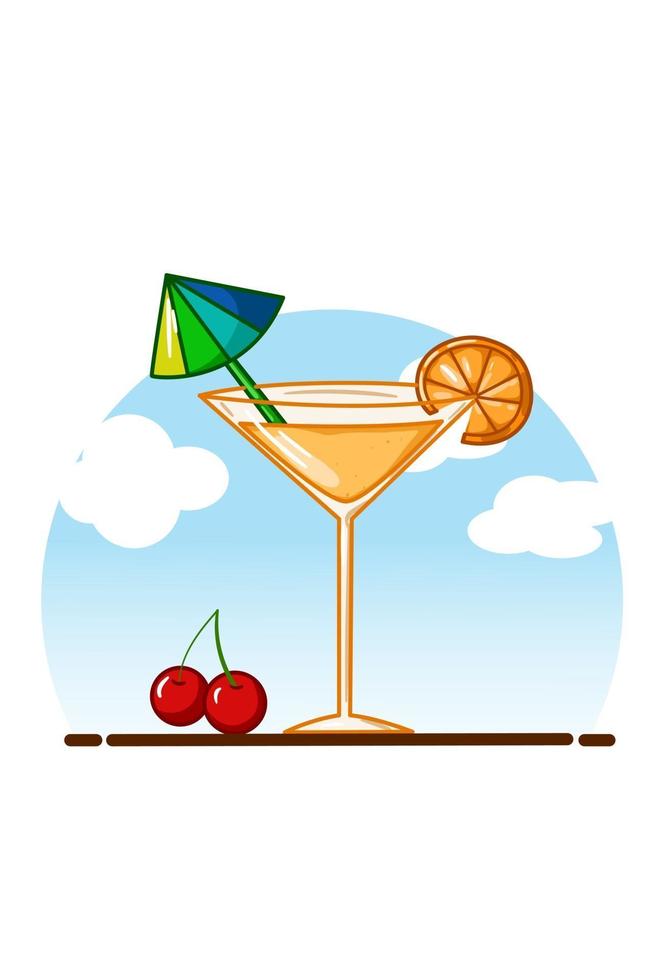 Orange juice in a small glass with cherries with sky background vector