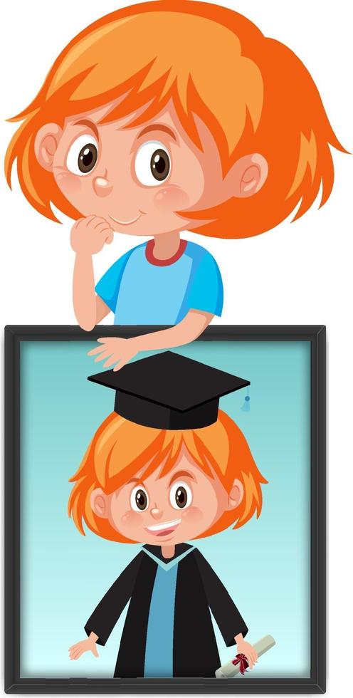 personaje de dibujos animados de una niña sosteniendo su foto de retrato de graduación vector