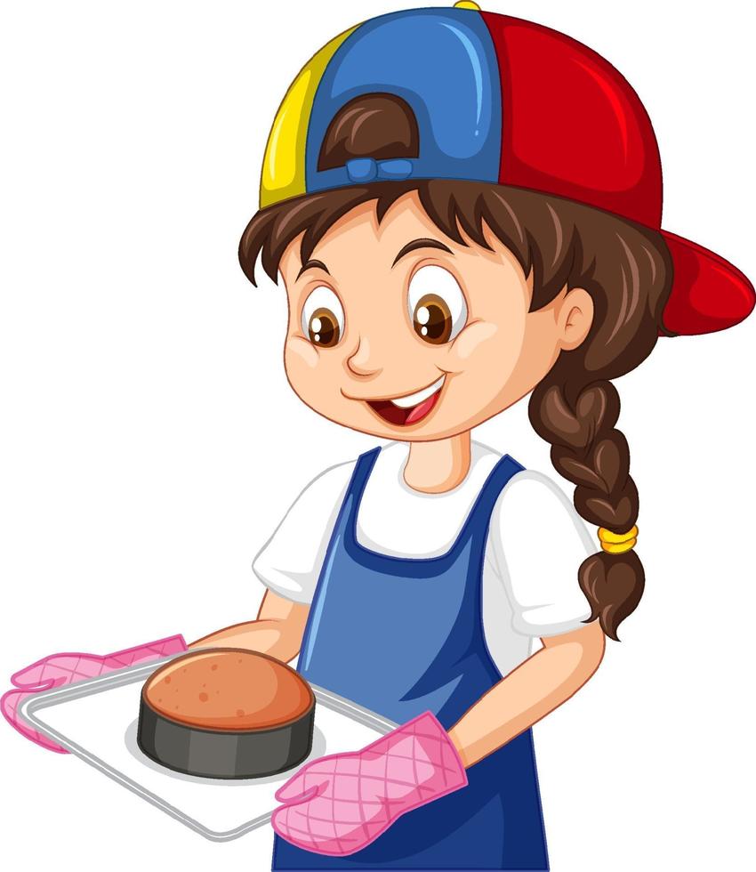 Chef girl wearing chef hat holding baking tray vector