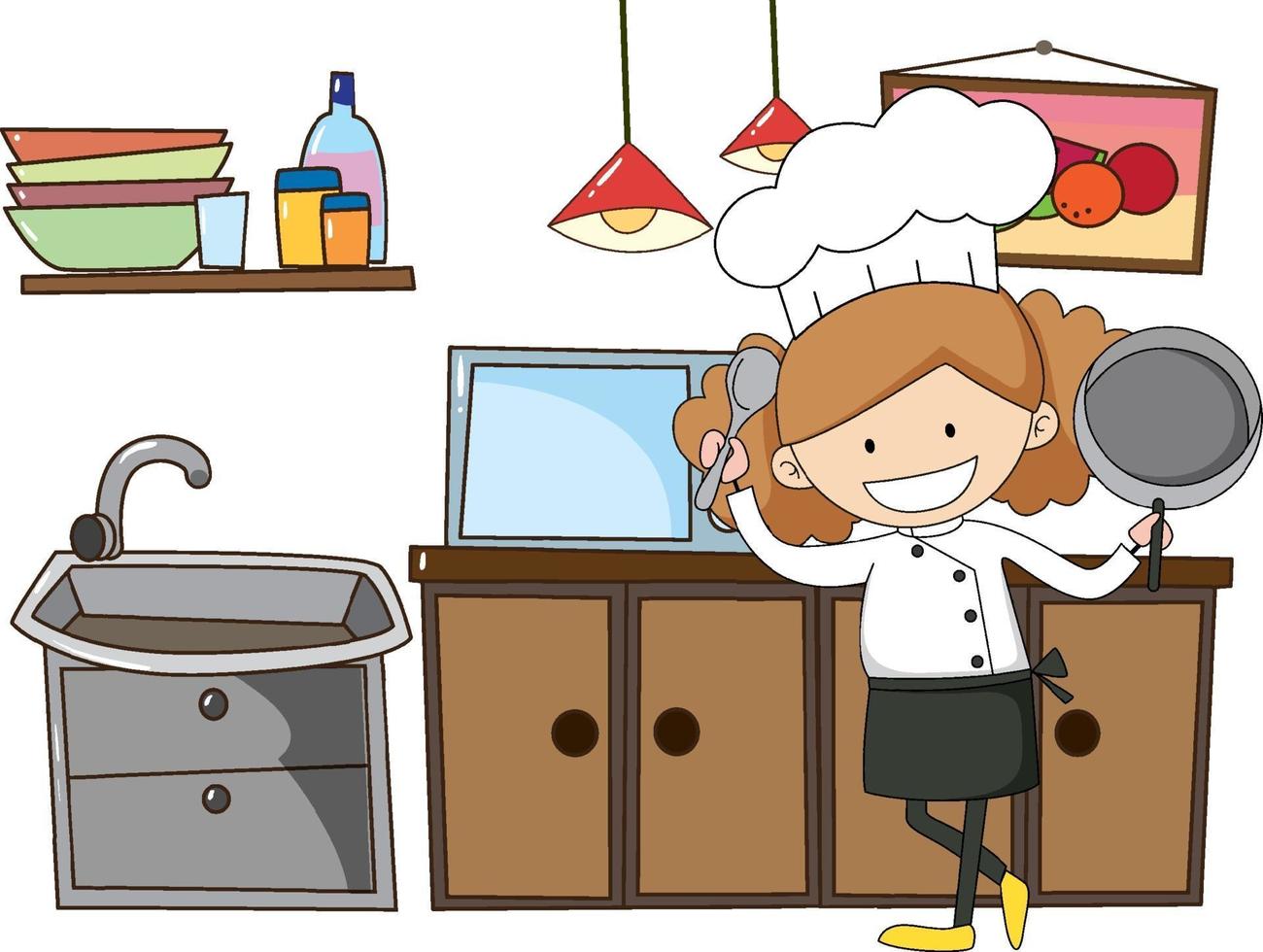 Little chef with kitchen equipments on white background vector