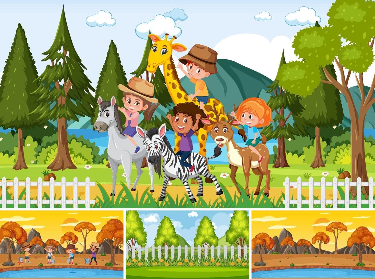 Four different scenes with children cartoon character vector