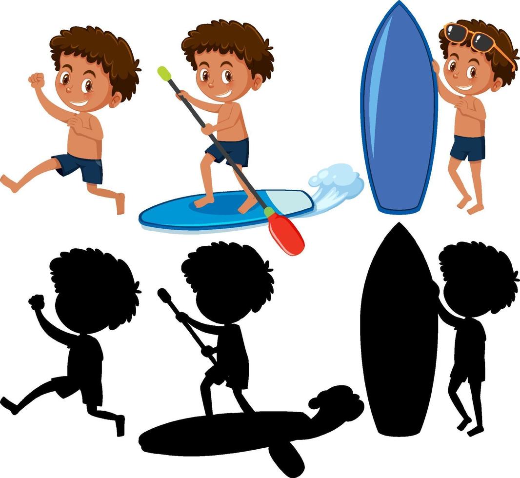Set of a boy cartoon character doing different activities with its silhouette vector
