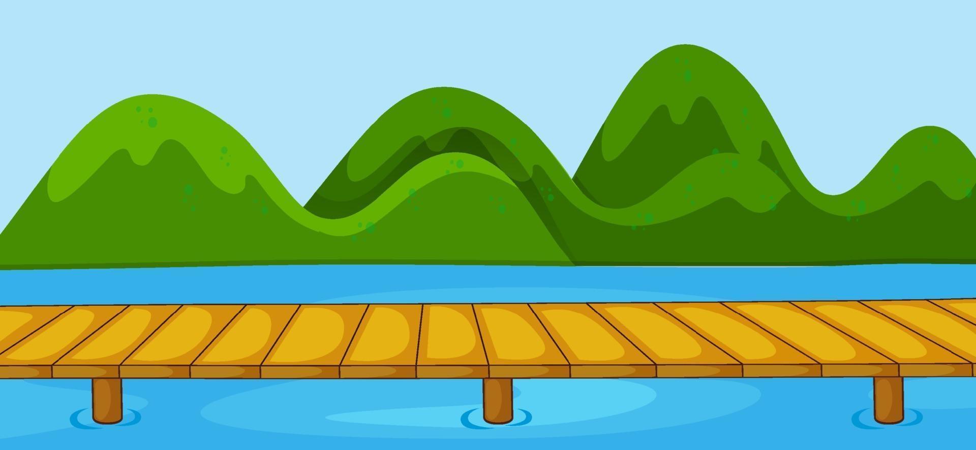 Escena del parque vacío con puente que cruza el río en estilo simple vector