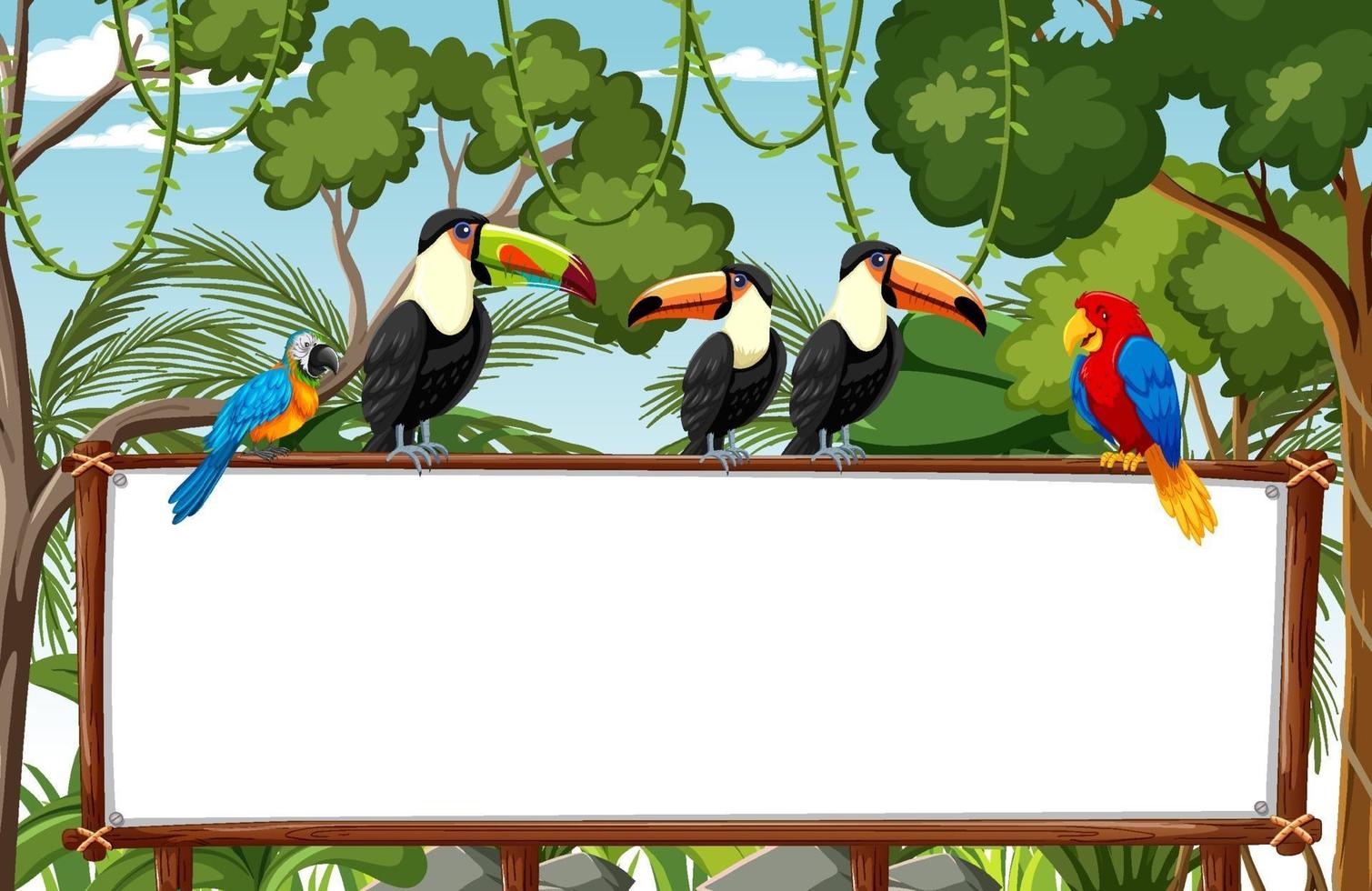 Banner en blanco en la escena de la selva tropical con animales salvajes vector