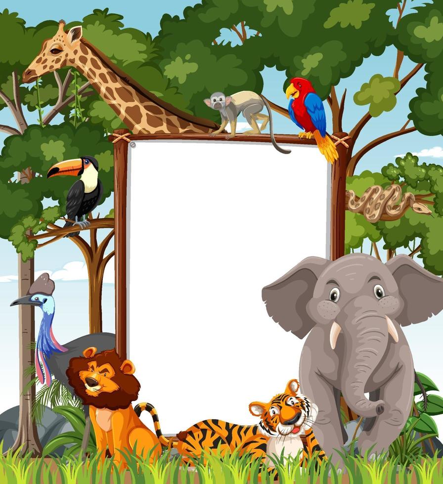 Blank banner in the rainforest scene with wild animals vector