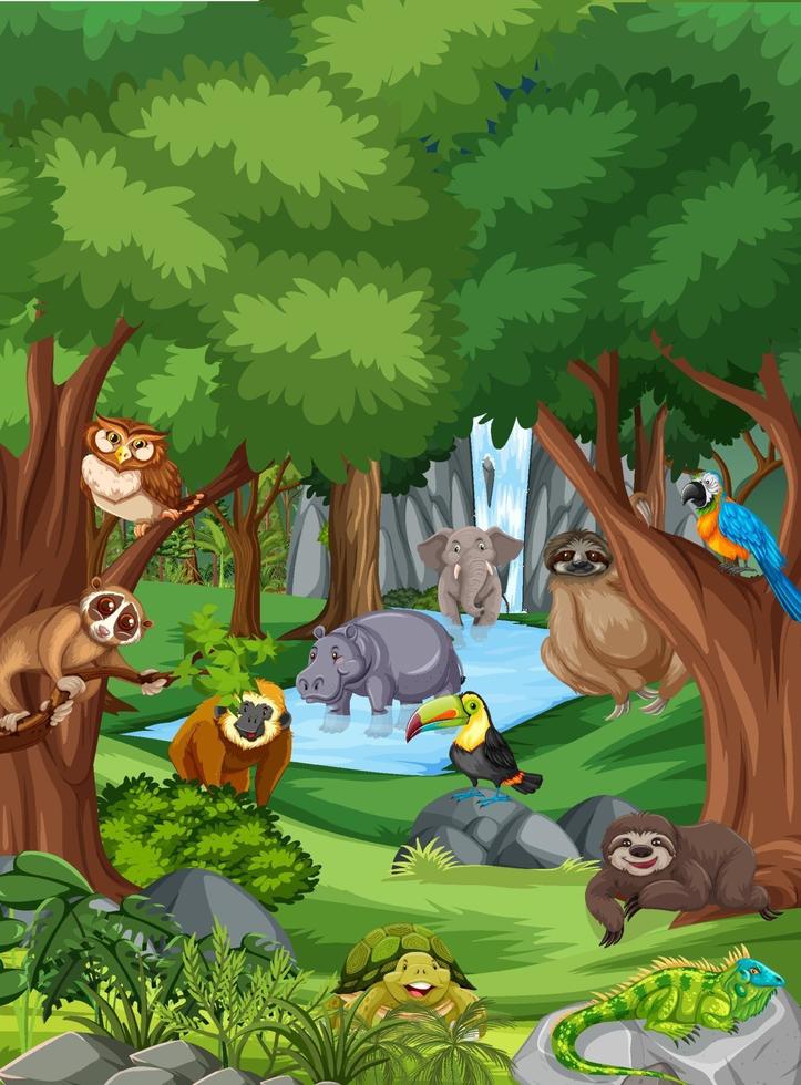 Wild animal cartoon character in the forest scene vector