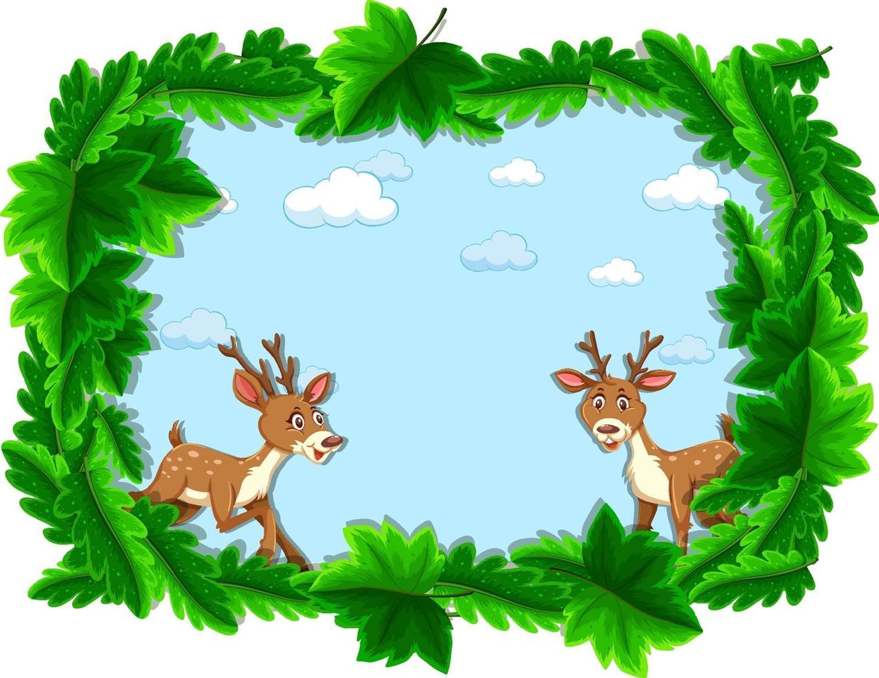 Empty banner with tropical leaves frame and deer cartoon character vector