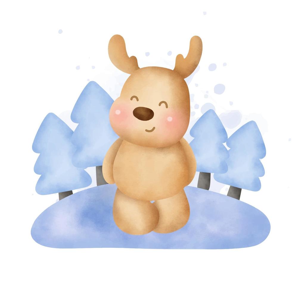 Watercolor cute reindeer in the snow forest. vector