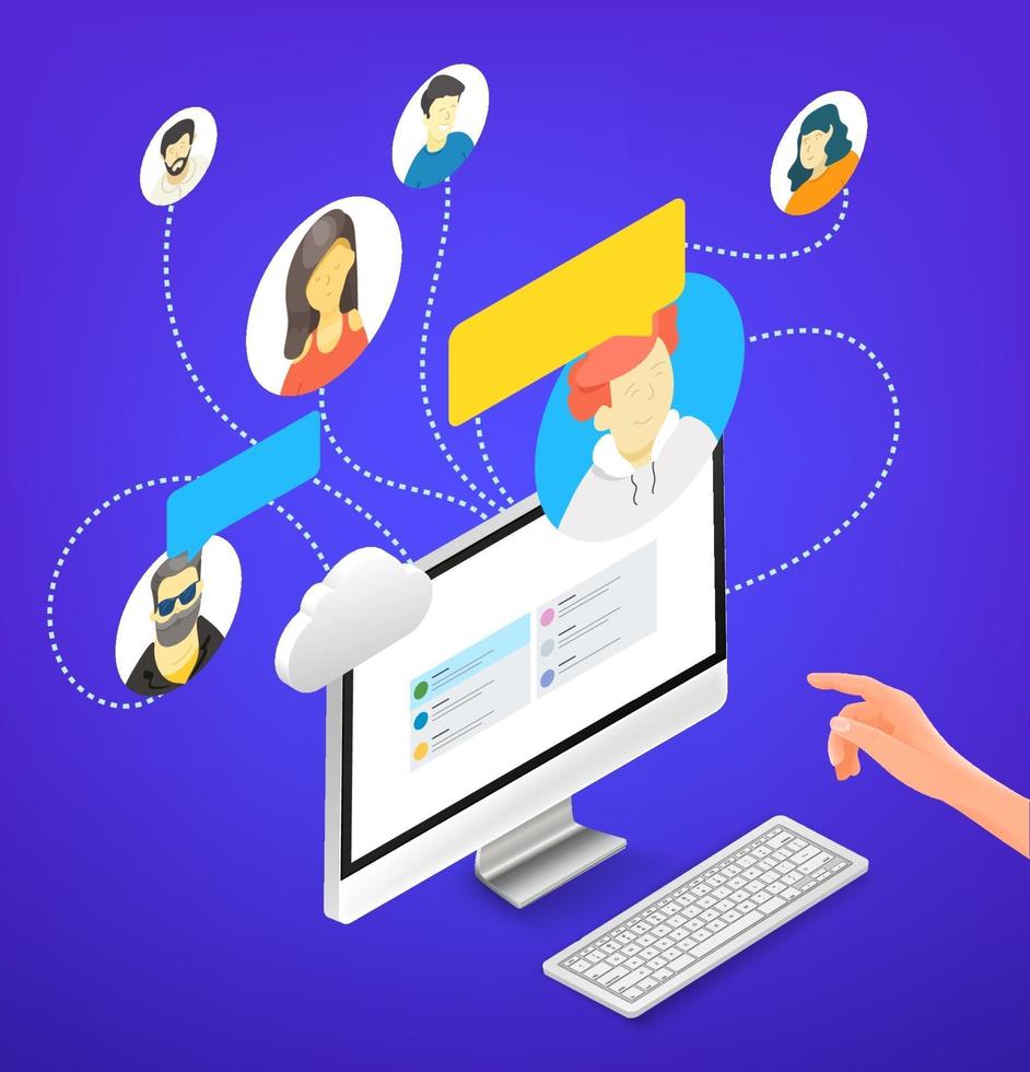 People working together remotely via application. Isometric vector illustration isolated on white background