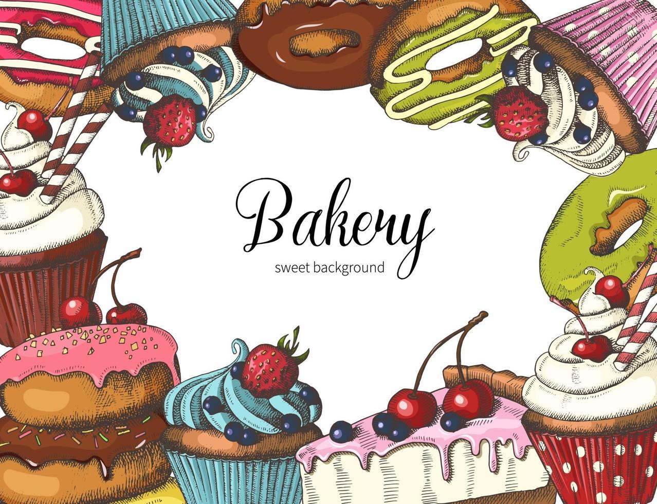 Vector sweet bakery design on white. Hand drawn donuts, cake and cupcakes. Desert design for menu, advertising and banners. Sketch, lettering.