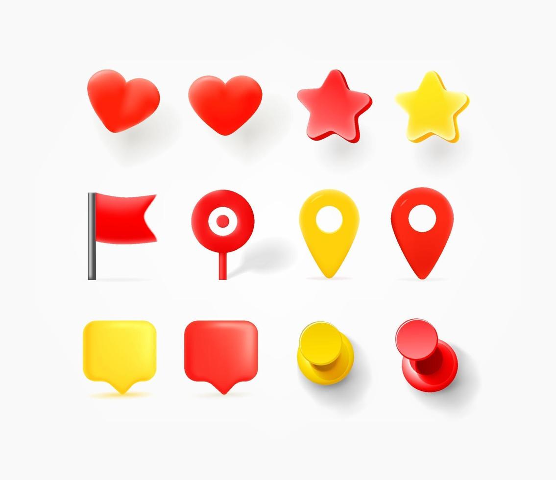 Navigation pins, hearts, speech bubbles isolated on white background vector