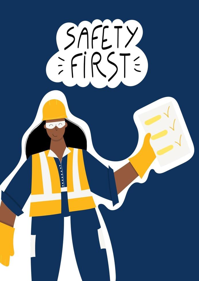 Safety first handwritten phrase with female Industrial worker vector