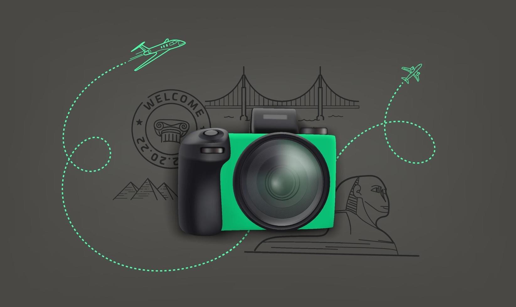 World travel concept with digital camera and doodling elements vector