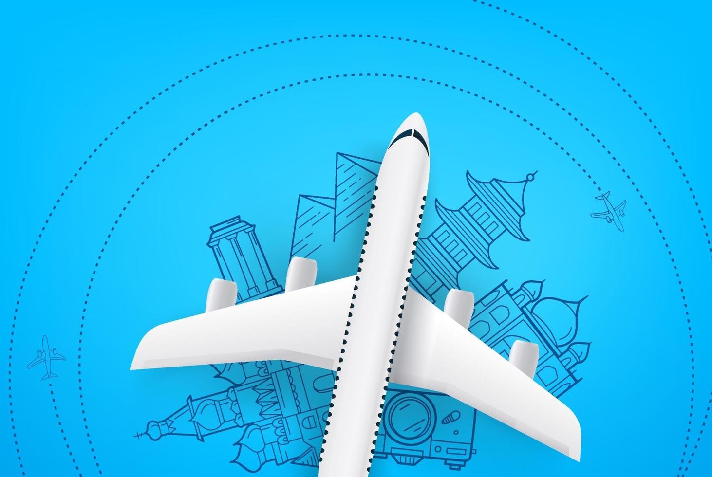 Airplane model with doodling elements. Vacation concept vector